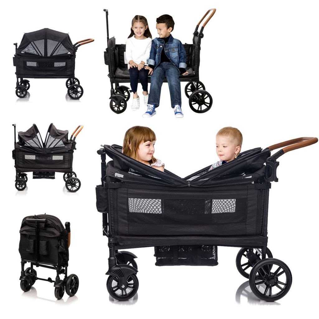 Wagon Stroller for 2 Kids & Cargo - Travel Stroller Push - Pull Double Wagon Lightweight Folding Stroller for Newborn&Toddler with 5 - Point Harness,Adjustable Handle Bar and Canopy,Tray Table,Cup Holder - Wigtrends