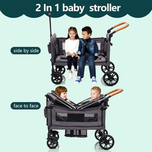 Wagon Stroller for 2 Kids & Cargo - Travel Stroller Push - Pull Double Wagon Lightweight Folding Stroller for Newborn&Toddler with 5 - Point Harness,Adjustable Handle Bar and Canopy,Tray Table,Cup Holder - Wigtrends