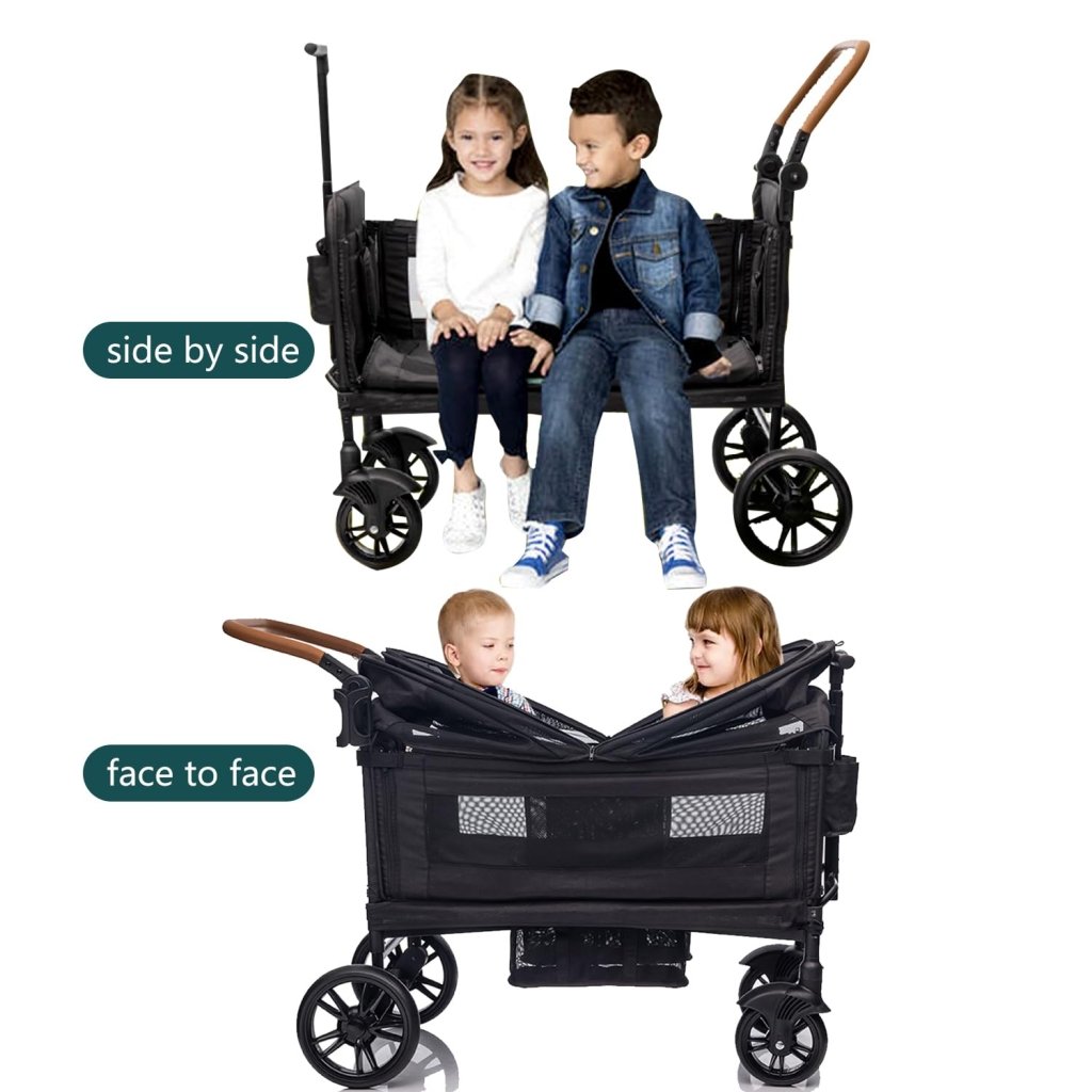Wagon Stroller for 2 Kids & Cargo - Travel Stroller Push - Pull Double Wagon Lightweight Folding Stroller for Newborn&Toddler with 5 - Point Harness,Adjustable Handle Bar and Canopy,Tray Table,Cup Holder - Wigtrends