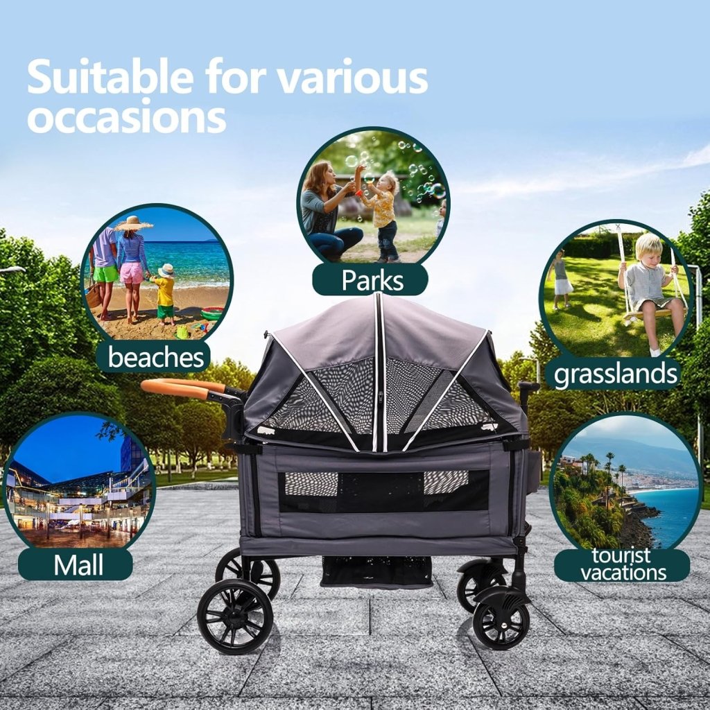Wagon Stroller for 2 Kids & Cargo - Travel Stroller Push - Pull Double Wagon Lightweight Folding Stroller for Newborn&Toddler with 5 - Point Harness,Adjustable Handle Bar and Canopy,Tray Table,Cup Holder - Wigtrends