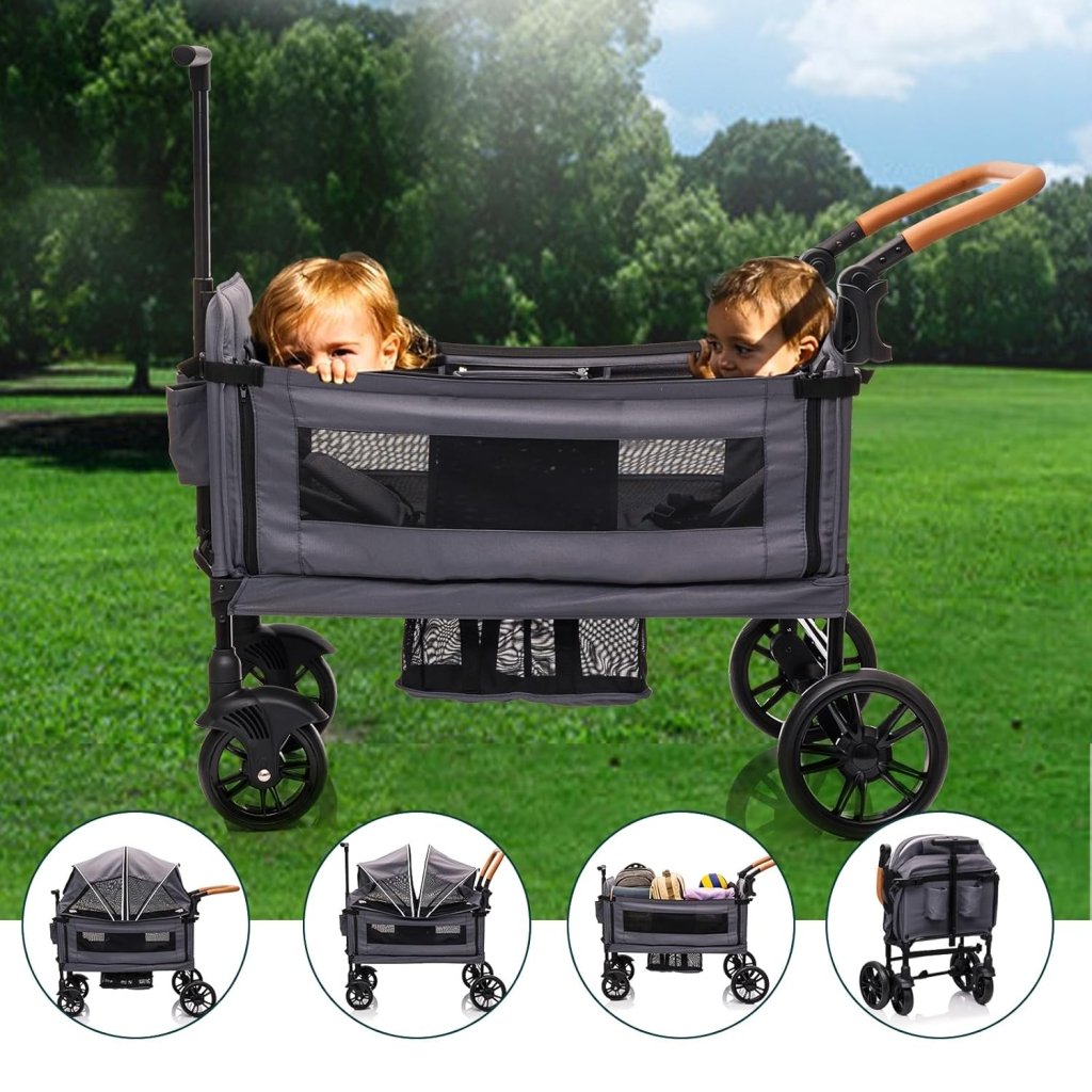 Wagon Stroller for 2 Kids & Cargo - Travel Stroller Push - Pull Double Wagon Lightweight Folding Stroller for Newborn&Toddler with 5 - Point Harness,Adjustable Handle Bar and Canopy,Tray Table,Cup Holder - Wigtrends
