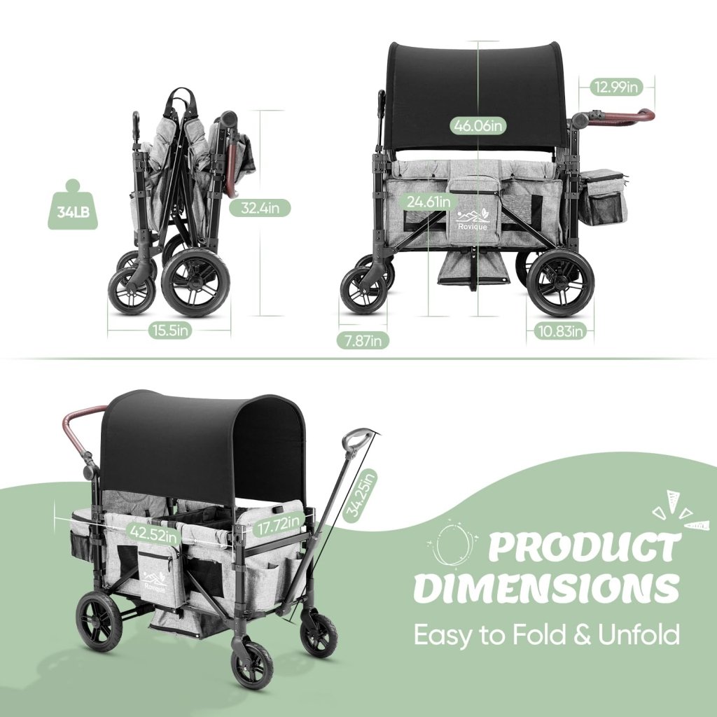 Wagon Stroller for 2 Kids,Premium Wagon for Kids with Removable Canopy, Snack Tray, Convertible Baby Bassinet, 5 - Point Safety Harness, All - Terrain PU Wheels & Adjustable Push/Pull Handle,Grey - Wigtrends