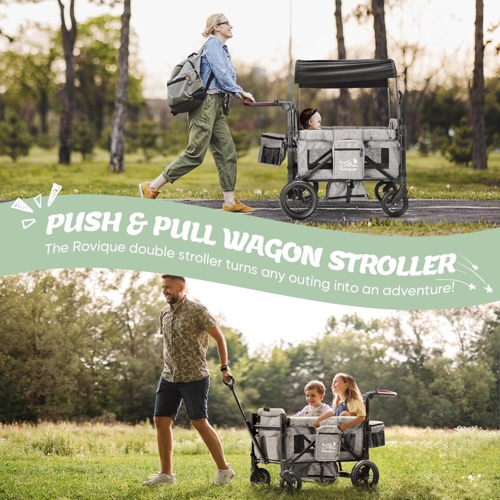 Wagon Stroller for 2 Kids,Premium Wagon for Kids with Removable Canopy, Snack Tray, Convertible Baby Bassinet, 5 - Point Safety Harness, All - Terrain PU Wheels & Adjustable Push/Pull Handle,Grey - Wigtrends