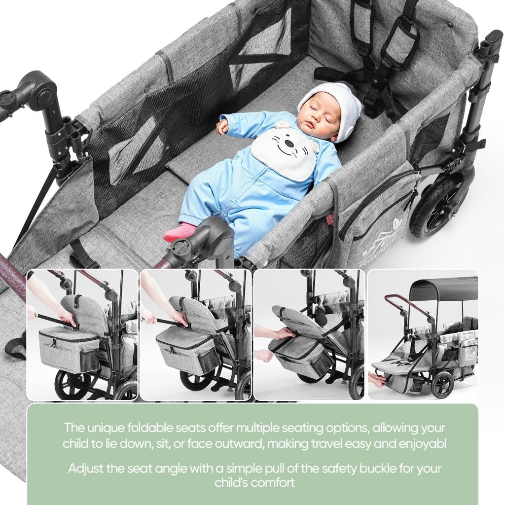 Wagon Stroller for 2 Kids,Premium Wagon for Kids with Removable Canopy, Snack Tray, Convertible Baby Bassinet, 5 - Point Safety Harness, All - Terrain PU Wheels & Adjustable Push/Pull Handle,Grey - Wigtrends