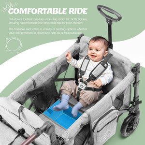 Wagon Stroller for 2 Kids,Premium Wagon for Kids with Removable Canopy, Snack Tray, Convertible Baby Bassinet, 5 - Point Safety Harness, All - Terrain PU Wheels & Adjustable Push/Pull Handle,Grey - Wigtrends