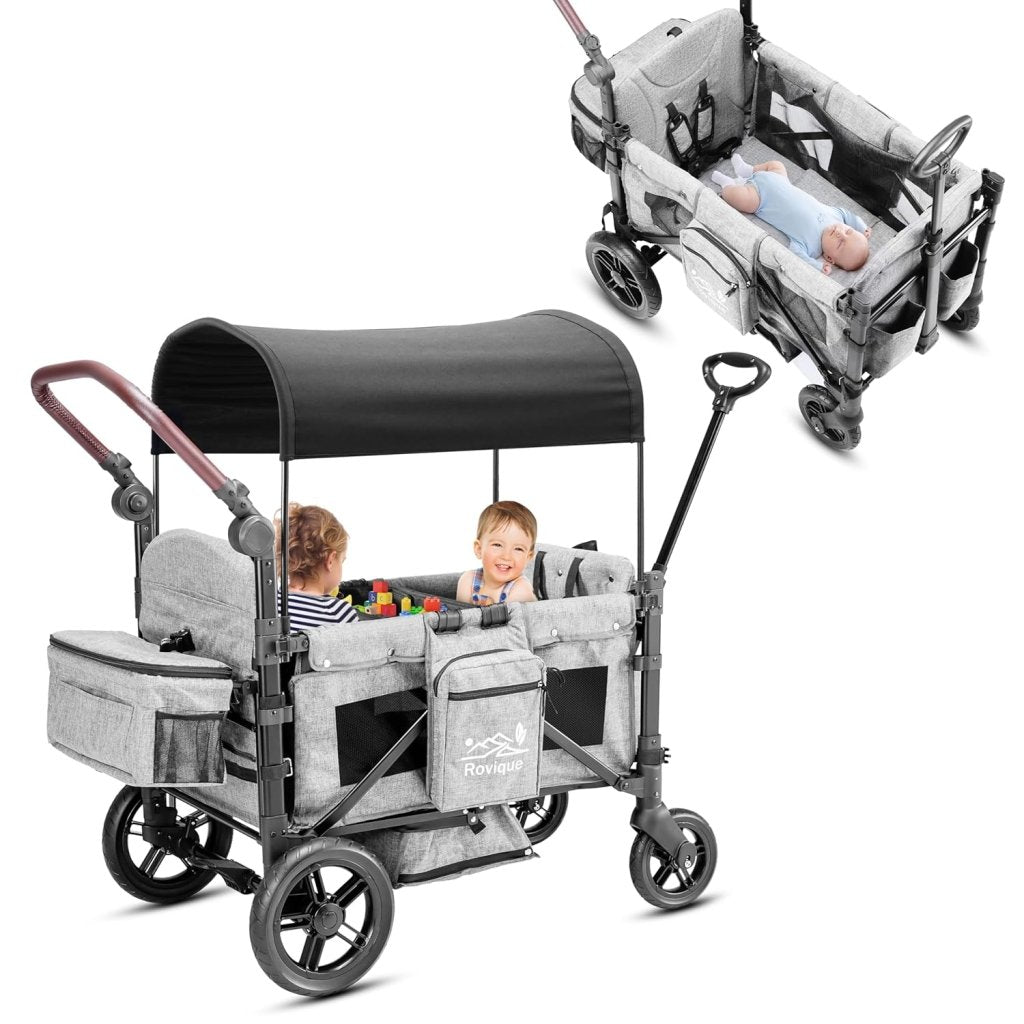 Wagon Stroller for 2 Kids,Premium Wagon for Kids with Removable Canopy, Snack Tray, Convertible Baby Bassinet, 5 - Point Safety Harness, All - Terrain PU Wheels & Adjustable Push/Pull Handle,Grey - Wigtrends
