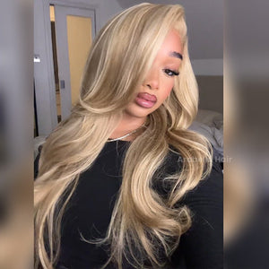 Wavy Blonde Khaki Style 13x4 Lace Front Mixed Brown and Blonde Highlights Color Human Hair Wig - Wigtrends