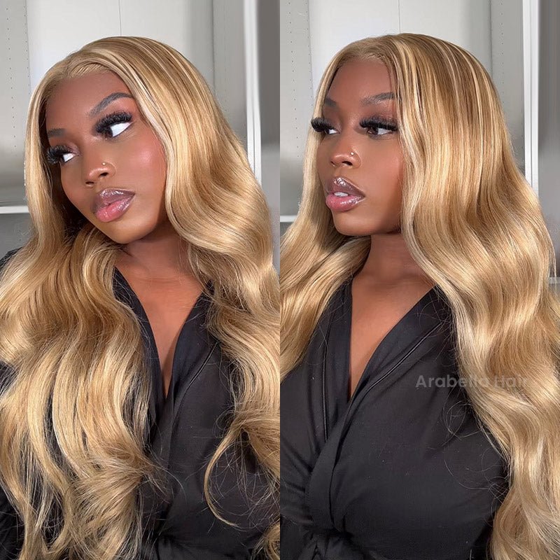 Wavy Blonde Khaki Style 13x4 Lace Front Mixed Brown and Blonde Highlights Color Human Hair Wig - Wigtrends