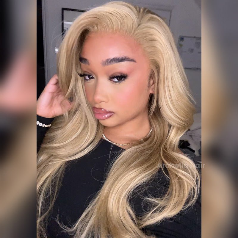 Wavy Blonde Khaki Style 13x4 Lace Front Mixed Brown and Blonde Highlights Color Human Hair Wig - Wigtrends