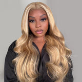 Wavy Blonde Khaki Style 13x4 Lace Front Mixed Brown and Blonde Highlights Color Human Hair Wig - Wigtrends