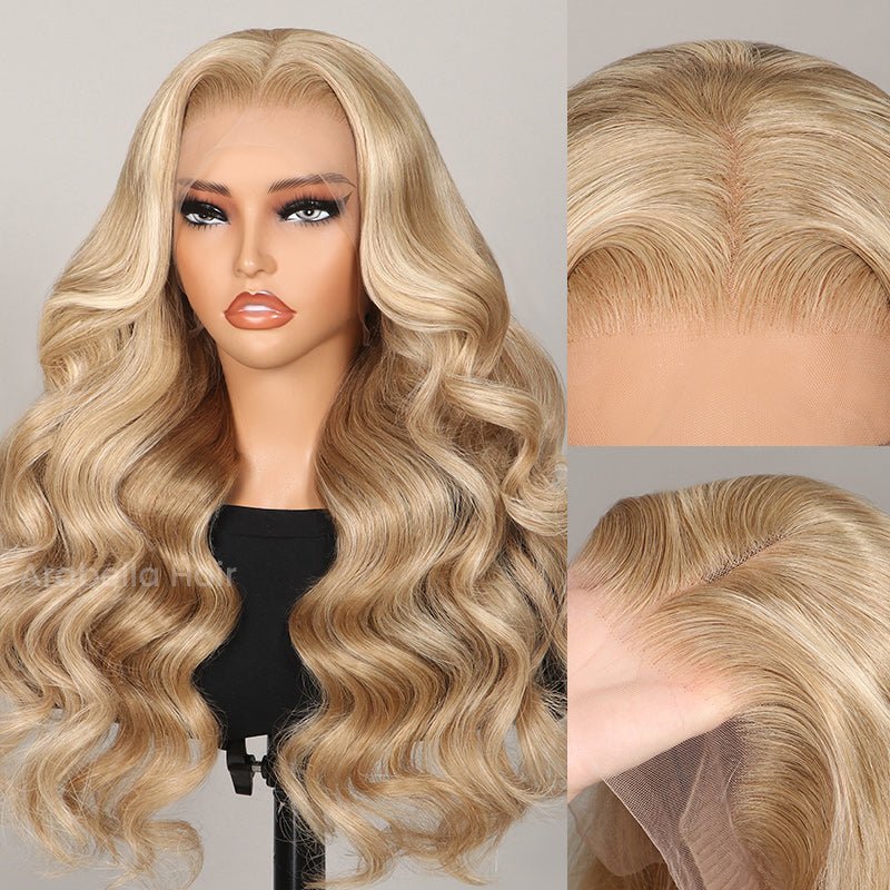 Wavy Blonde Khaki Style 13x4 Lace Front Mixed Brown and Blonde Highlights Color Human Hair Wig - Wigtrends