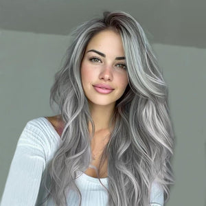 Wavy Wig with Curtain Bangs Light Grey Body Wave Wig for Women Synthetic Gray Wig - Wigtrends