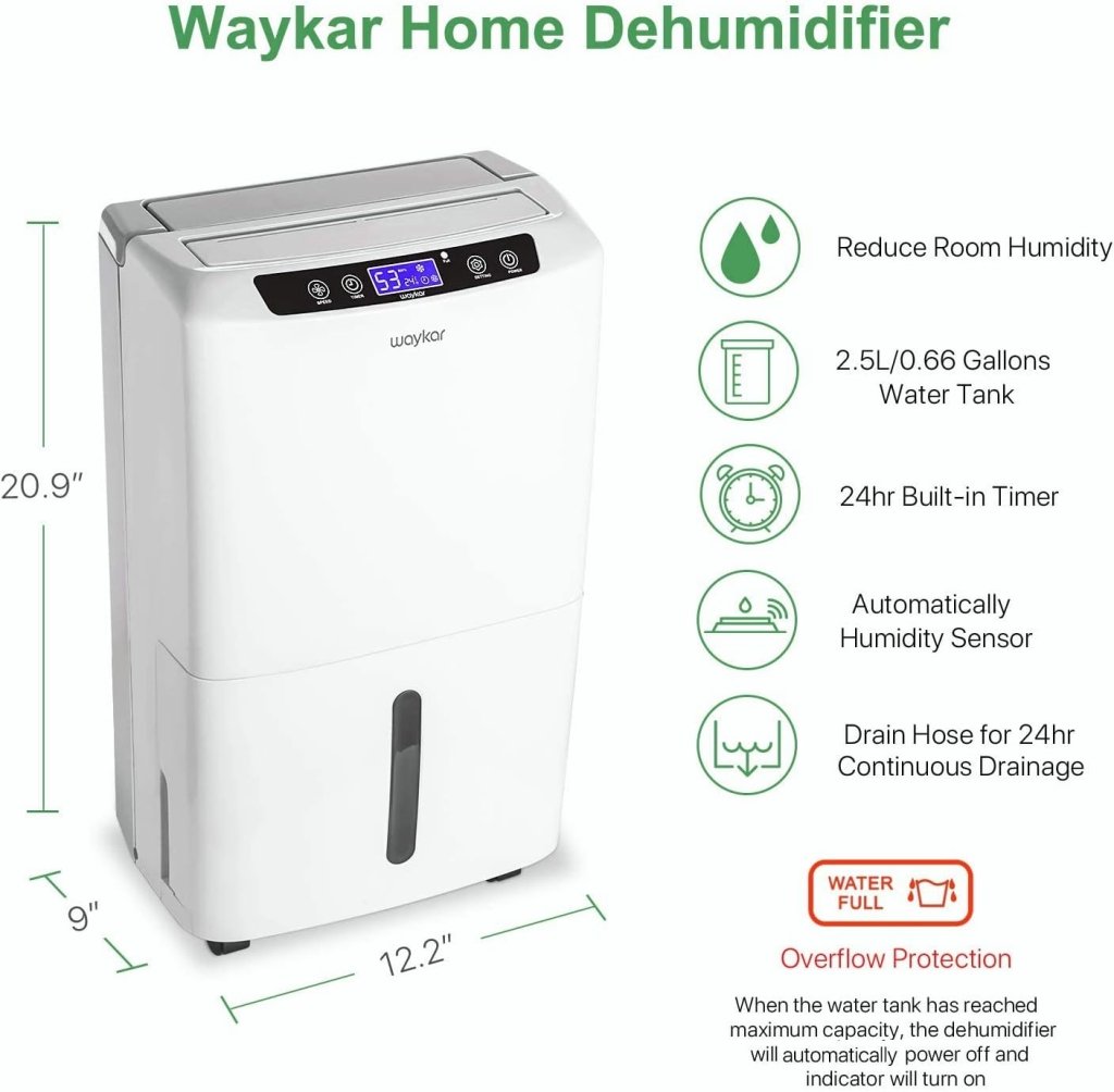 Waykar 2000 Sq. Ft Dehumidifier for Home and Basements, with Auto or Manual Drainage, 0.66 Gallon Water Tank Capacity - Wigtrends