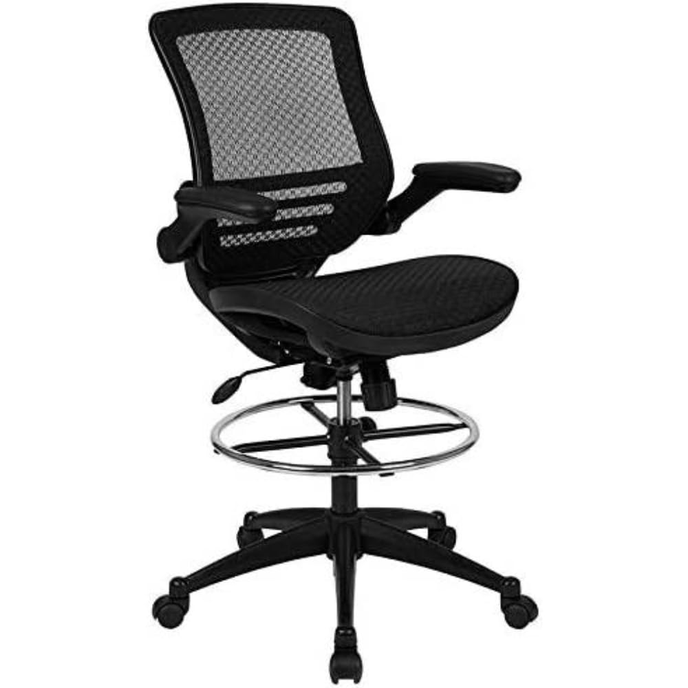 Waylon Mid - Back Transparent Black Mesh Drafting Chair with Melrose Gold Frame and Flip - Up Arms - Wigtrends