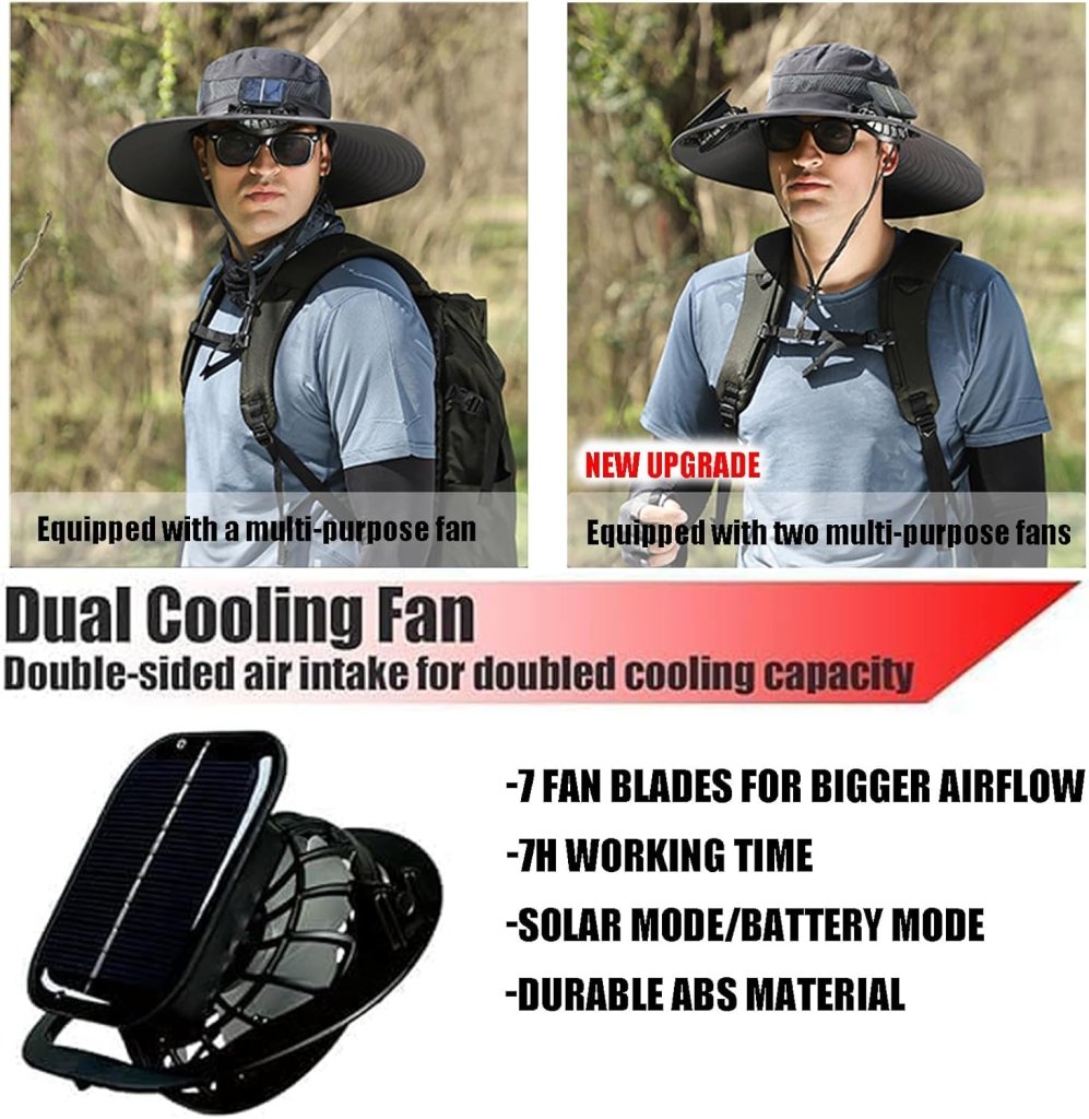 Wide Brim Solar Fan Outdoor Fishing Hat,Men Sun Hat with 2 Solar Fan Fishing Hats - Wigtrends