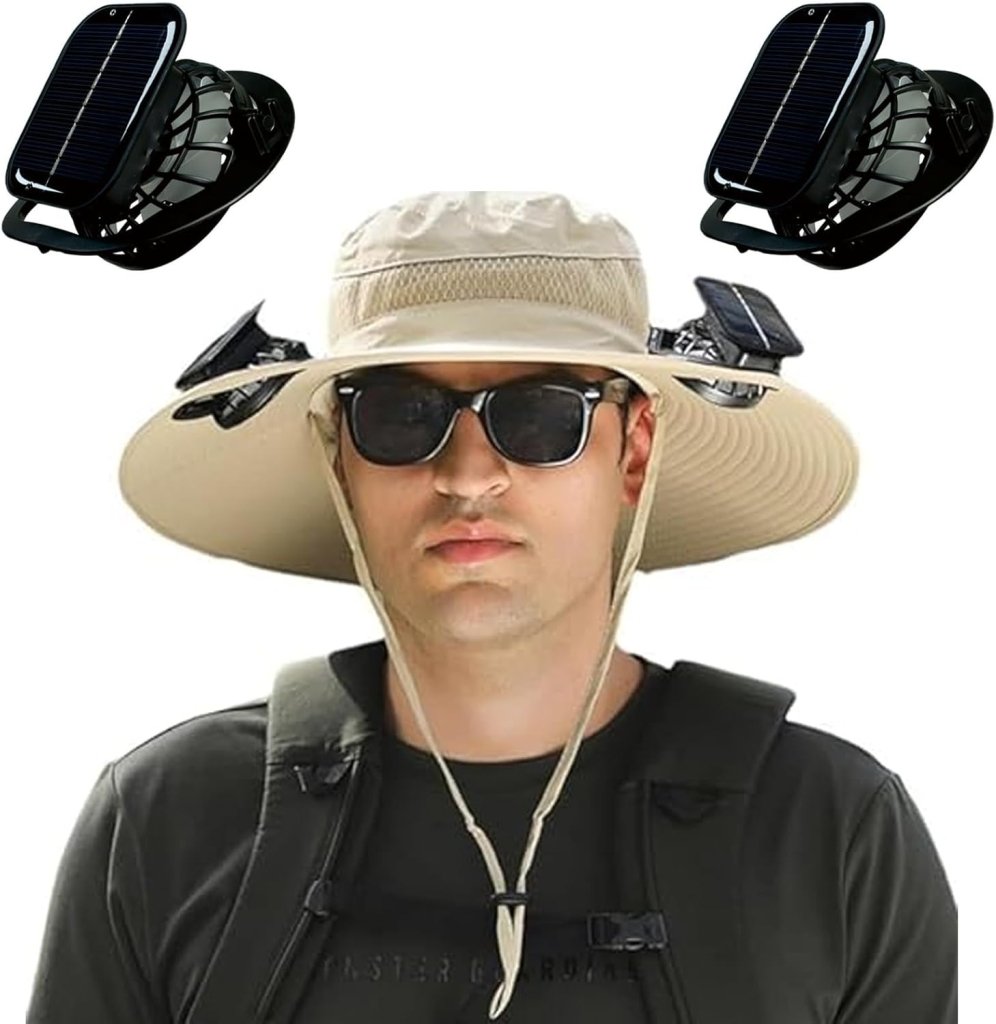 Wide Brim Solar Fan Outdoor Fishing Hat,Men Sun Hat with 2 Solar Fan Fishing Hats - Wigtrends
