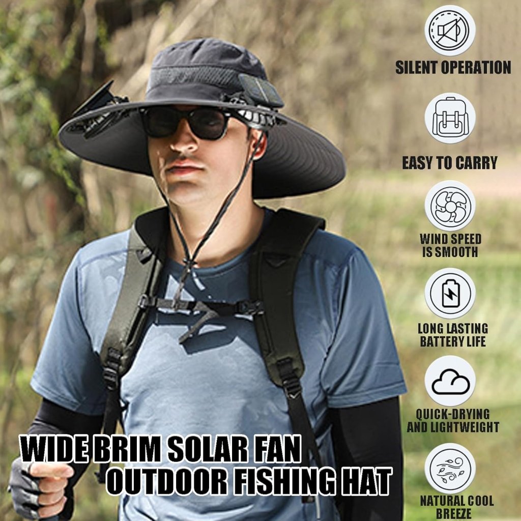 Wide Brim Solar Fan Outdoor Fishing Hat,Men Sun Hat with 2 Solar Fan Fishing Hats - Wigtrends