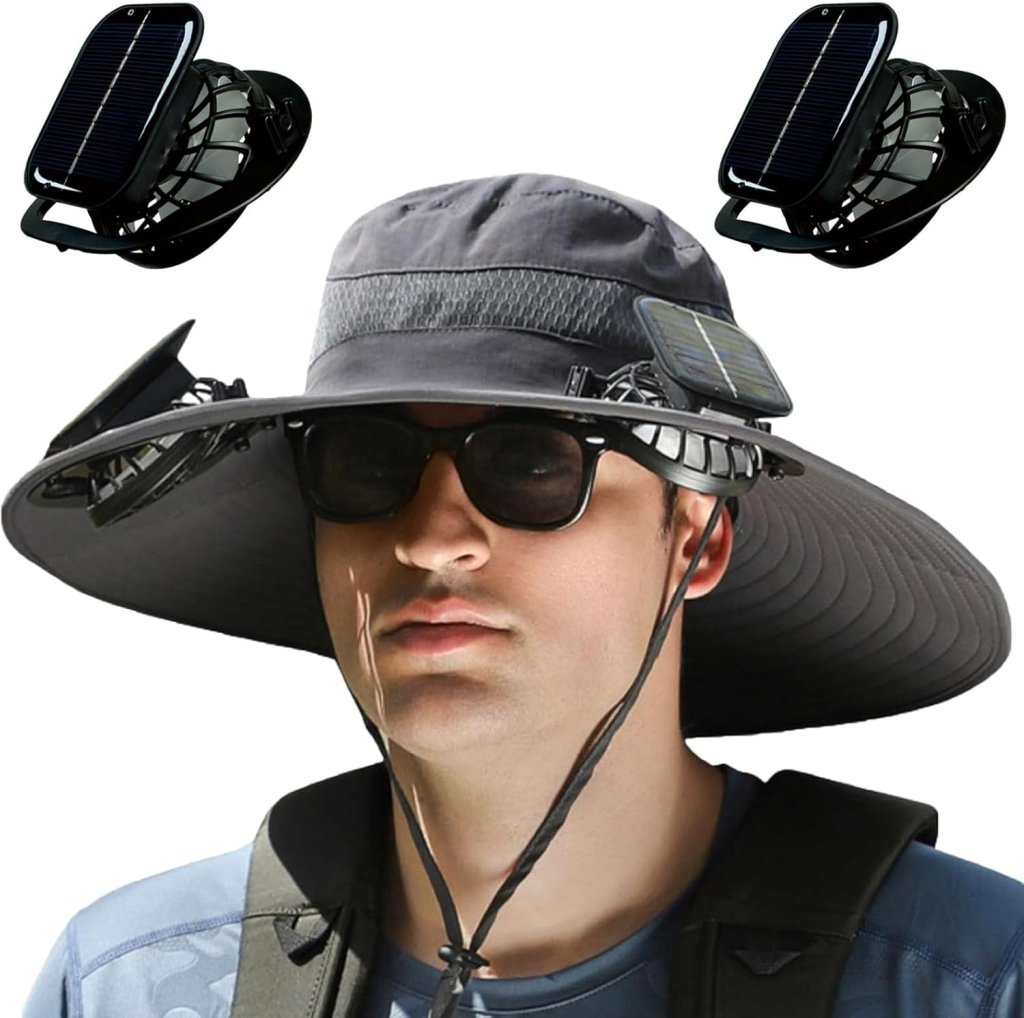 Wide Brim Solar Fan Outdoor Fishing Hat,Men Sun Hat with 2 Solar Fan Fishing Hats - Wigtrends