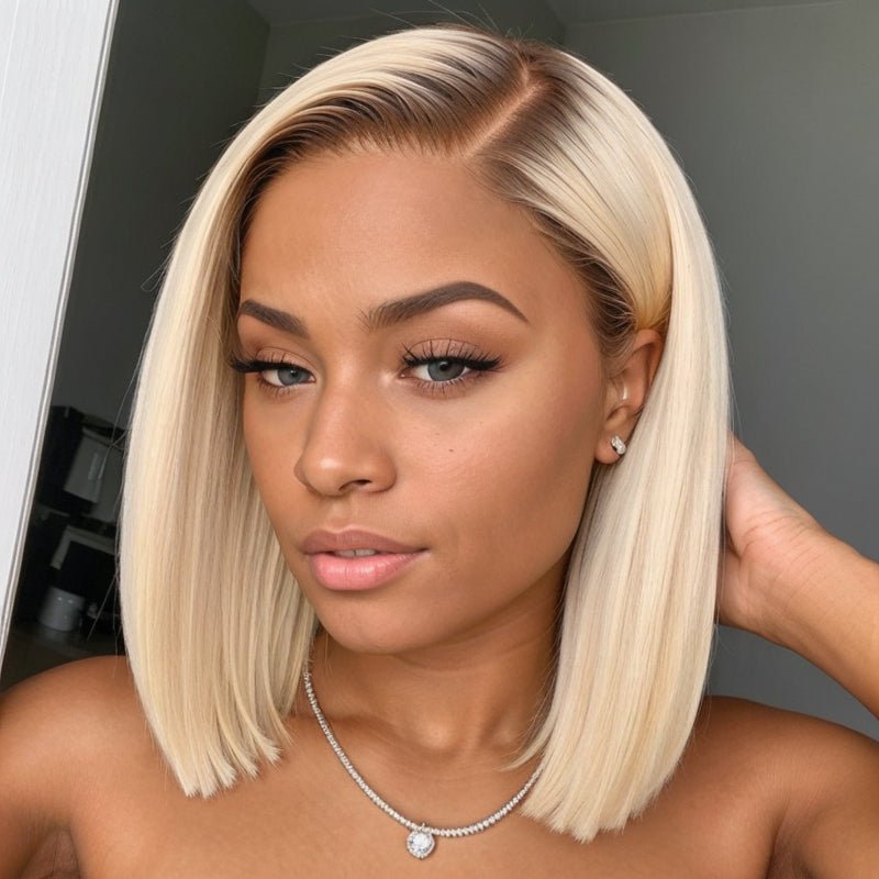 Wigstrends Blonde Bob Wigs With Dark Brown Roots Ombre Lace Closure Bob Wigs - Wigtrends