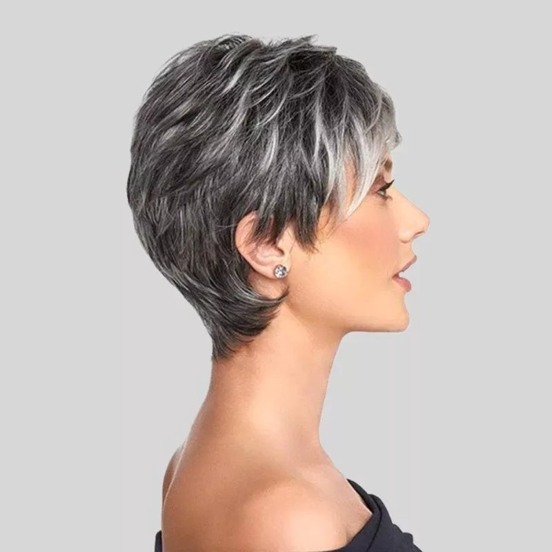 Wigstrends Gray Salt and Pepper Short Women's Layered Capless Wigs 100% Human Hair - Wigtrends