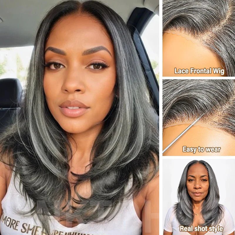 Wigstrends Silver Hair Layered Cut | Natural Wavy Curtain Bangs 100% Human Hair Wigs - Wigtrends