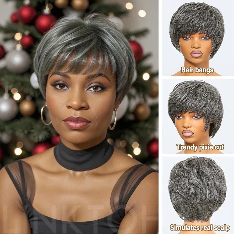 Wigstrends Silver Hair Short Straight Pixie Cut with Bangs 100% Human Hair Wig - Wigtrends