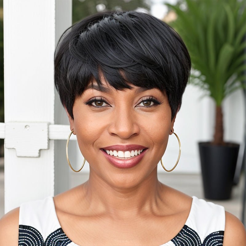 Wigstrends Trendy Natural Black Layered Pixie Cut Short Wigs With Bangs - Wigtrends