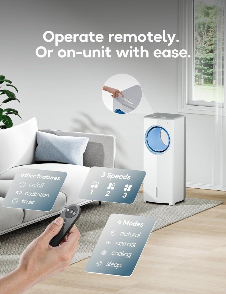 Windowless Portable Air Conditioner, 26.3" Small Evaporative Air Cooler for Room No Window, 3 - Speed Settings, 4 Modes, 7H Timer, Remote Control, 4 Ice Packs, Quiet AC Unit for Bedroom - Wigtrends