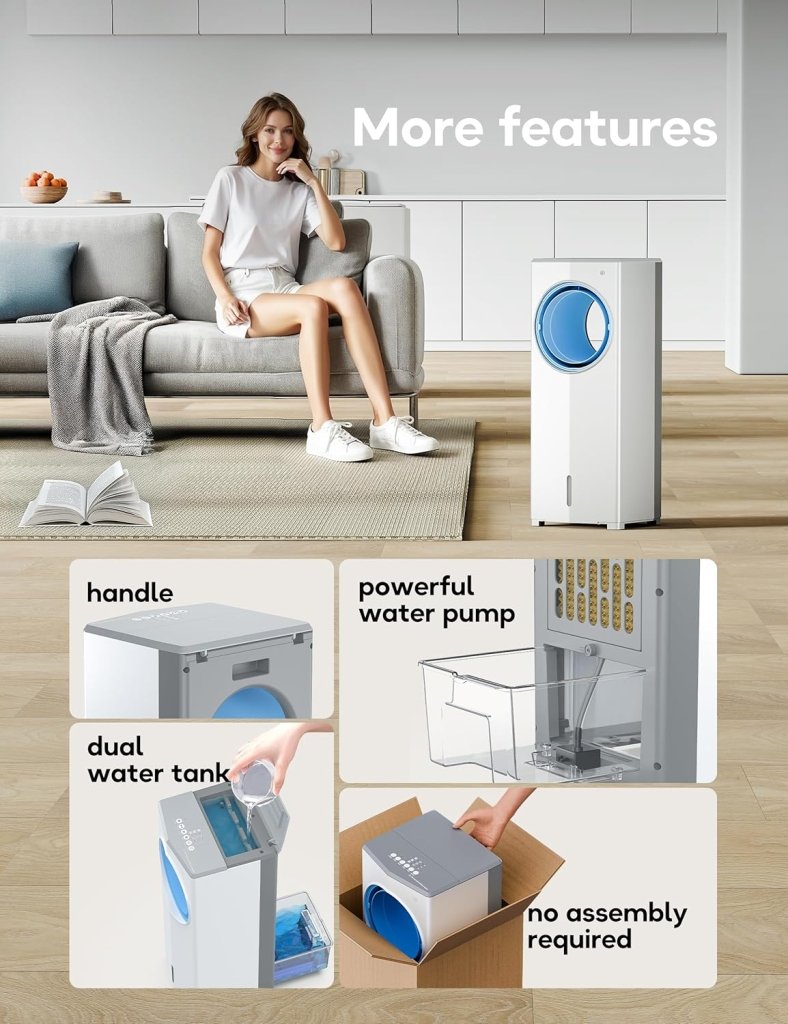 Windowless Portable Air Conditioner, 26.3" Small Evaporative Air Cooler for Room No Window, 3 - Speed Settings, 4 Modes, 7H Timer, Remote Control, 4 Ice Packs, Quiet AC Unit for Bedroom - Wigtrends