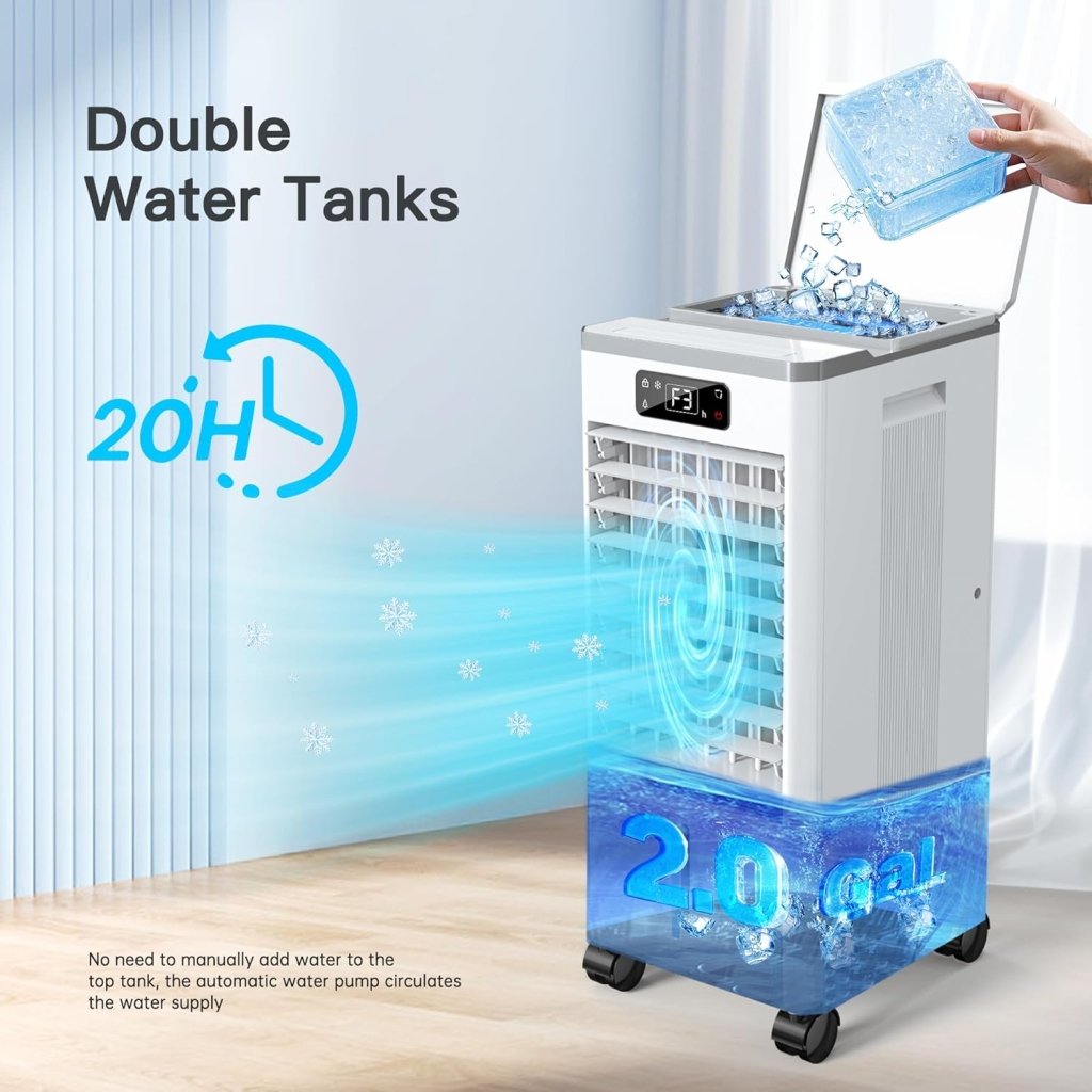 Windowless Portable Air Conditioners, Evaporative Air Cooler w/3 Modes & 3 Speeds, 12H Timer for Smart Auto - off, 2 - Gal Tank for 20H Cooling,16FT Remote,No Hose Needed,46db Swamp Cooler - Wigtrends