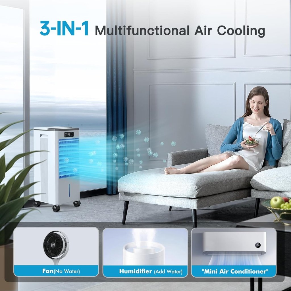 Windowless Portable Air Conditioners, Evaporative Air Cooler w/3 Modes & 3 Speeds, 12H Timer for Smart Auto - off, 2 - Gal Tank for 20H Cooling,16FT Remote,No Hose Needed,46db Swamp Cooler - Wigtrends