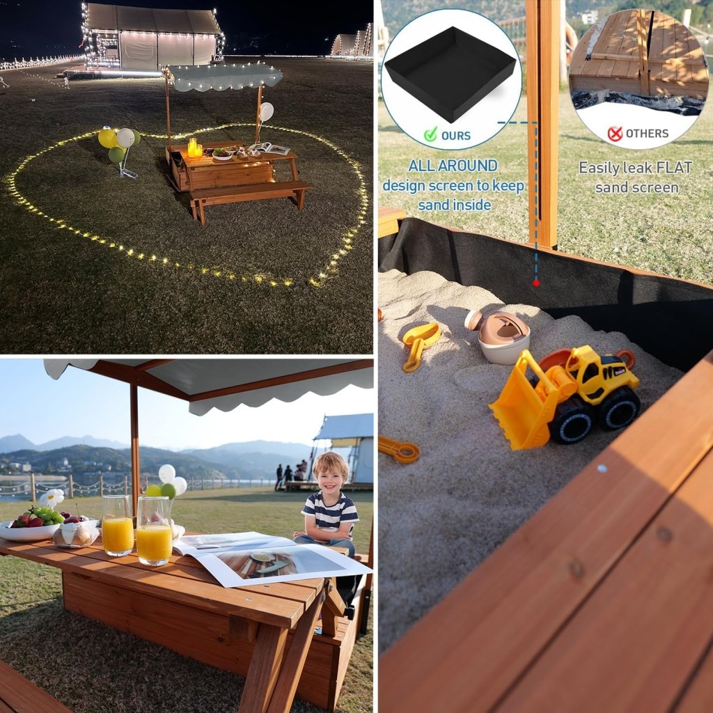 Wooden Kids Sandbox with Lid Outdoor Sand Box with Picnic Table Foldable, Sandpit with Cover Ages 4 - 8, Adjustable Canopy Bottom Liner for Backyard Garden - Wigtrends
