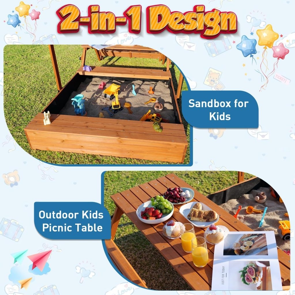 Wooden Kids Sandbox with Lid Outdoor Sand Box with Picnic Table Foldable, Sandpit with Cover Ages 4 - 8, Adjustable Canopy Bottom Liner for Backyard Garden - Wigtrends