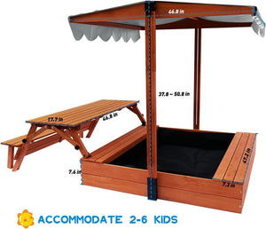 Wooden Kids Sandbox with Lid Outdoor Sand Box with Picnic Table Foldable, Sandpit with Cover Ages 4 - 8, Adjustable Canopy Bottom Liner for Backyard Garden - Wigtrends