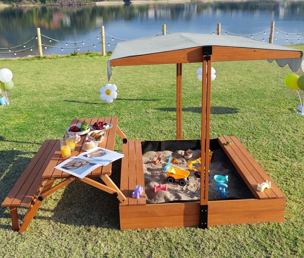 Wooden Kids Sandbox with Lid Outdoor Sand Box with Picnic Table Foldable, Sandpit with Cover Ages 4 - 8, Adjustable Canopy Bottom Liner for Backyard Garden - Wigtrends