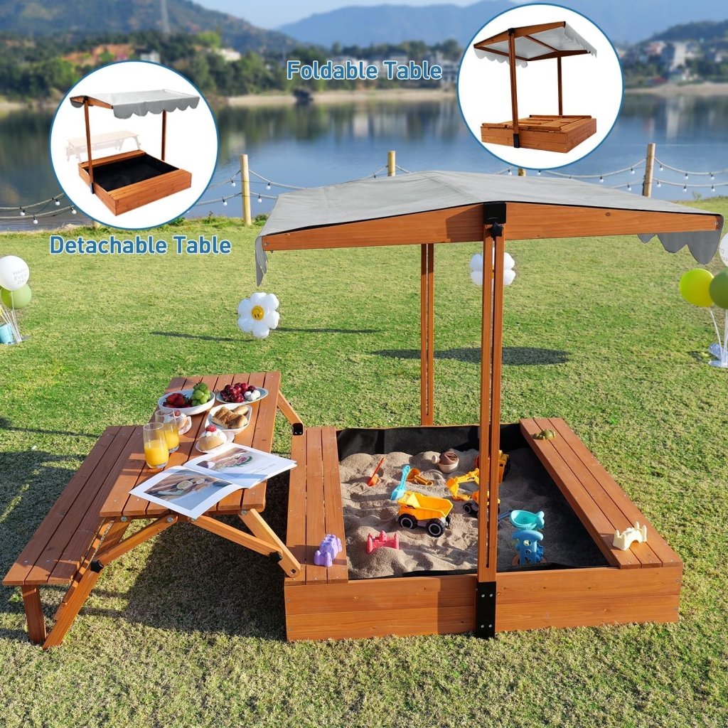Wooden Kids Sandbox with Lid Outdoor Sand Box with Picnic Table Foldable, Sandpit with Cover Ages 4 - 8, Adjustable Canopy Bottom Liner for Backyard Garden - Wigtrends