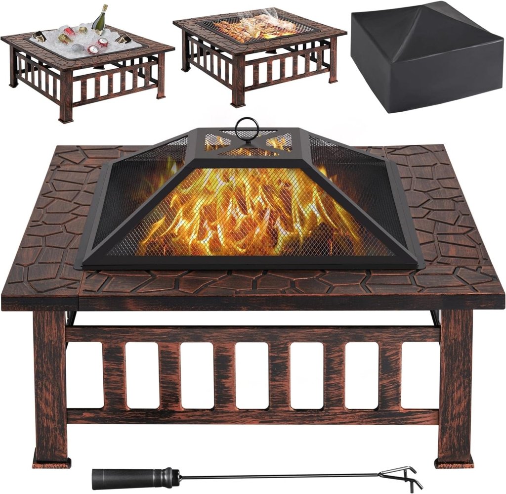 Yaheetech Multifunctional Fire Pit Table 32in Square Metal Firepit Stove Backyard Patio Garden Fireplace for Camping, Outdoor Heating, Bonfire and Picnic - Wigtrends