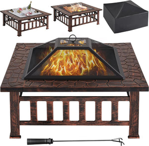 Yaheetech Multifunctional Fire Pit Table 32in Square Metal Firepit Stove Backyard Patio Garden Fireplace for Camping, Outdoor Heating, Bonfire and Picnic - Wigtrends