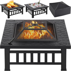 Yaheetech Multifunctional Fire Pit Table 32in Square Metal Firepit Stove Backyard Patio Garden Fireplace for Camping, Outdoor Heating, Bonfire and Picnic - Wigtrends