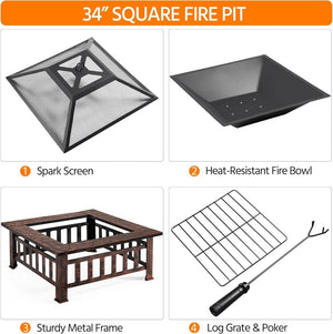 Yaheetech Multifunctional Fire Pit Table 32in Square Metal Firepit Stove Backyard Patio Garden Fireplace for Camping, Outdoor Heating, Bonfire and Picnic - Wigtrends