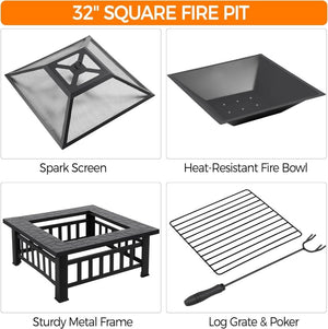 Yaheetech Multifunctional Fire Pit Table 32in Square Metal Firepit Stove Backyard Patio Garden Fireplace for Camping, Outdoor Heating, Bonfire and Picnic - Wigtrends