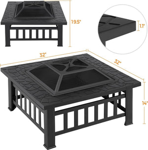 Yaheetech Multifunctional Fire Pit Table 32in Square Metal Firepit Stove Backyard Patio Garden Fireplace for Camping, Outdoor Heating, Bonfire and Picnic - Wigtrends