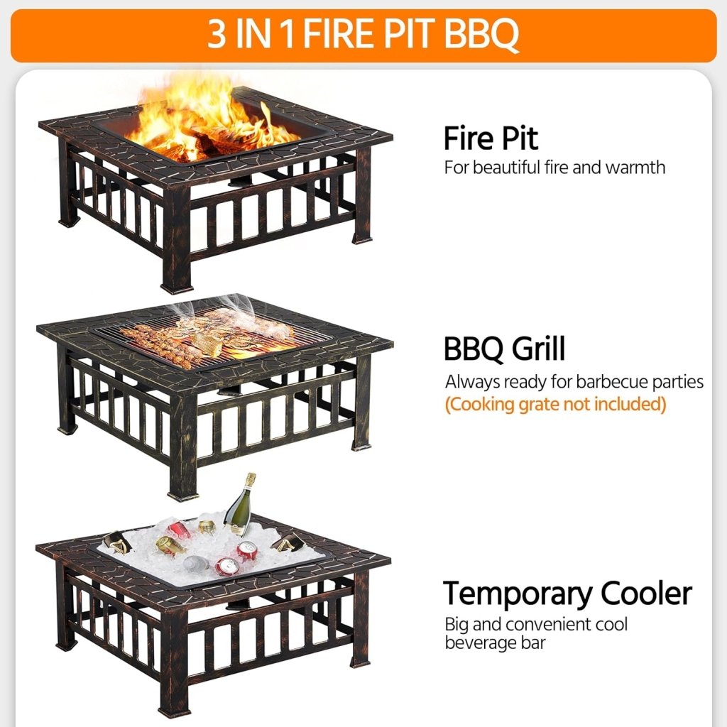 Yaheetech Multifunctional Fire Pit Table 32in Square Metal Firepit Stove Backyard Patio Garden Fireplace for Camping, Outdoor Heating, Bonfire and Picnic - Wigtrends