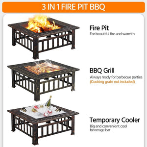 Yaheetech Multifunctional Fire Pit Table 32in Square Metal Firepit Stove Backyard Patio Garden Fireplace for Camping, Outdoor Heating, Bonfire and Picnic - Wigtrends