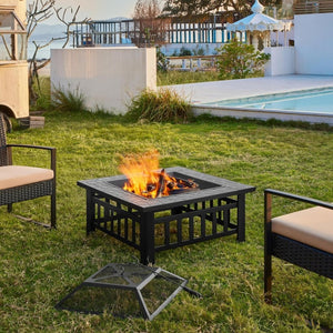 Yaheetech Multifunctional Fire Pit Table 32in Square Metal Firepit Stove Backyard Patio Garden Fireplace for Camping, Outdoor Heating, Bonfire and Picnic - Wigtrends