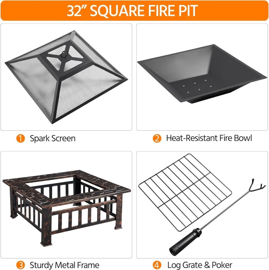Yaheetech Multifunctional Fire Pit Table 32in Square Metal Firepit Stove Backyard Patio Garden Fireplace for Camping, Outdoor Heating, Bonfire and Picnic - Wigtrends