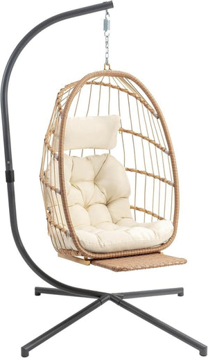 Yechen Indoor Outdoor Egg Hanging Chair with Stand, Patio Wicker Swing Egg Chair Indoor Swinging Chair Outdoor Hammock Egg Chair 350lbs Capacity for Patio Bedroom Balcony, Charcoal Grey (EG - 001) - Wigtrends