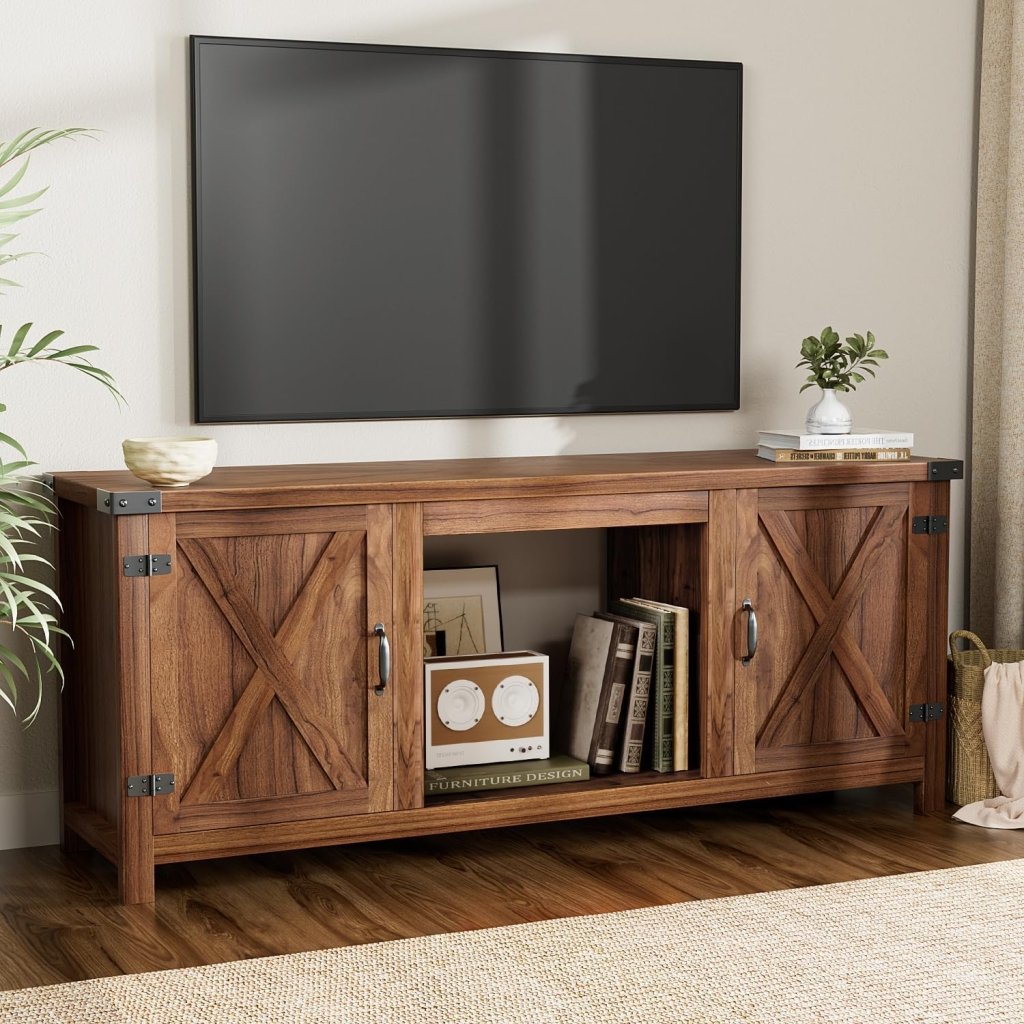 YESHOMY Fireplace TV Stand with Two Barn Doors and Storage Cabinets for Televisions up to 65+ Inch, Entertainment Center Console Table, Media Furniture for Living Room, 58 Inch - Wigtrends