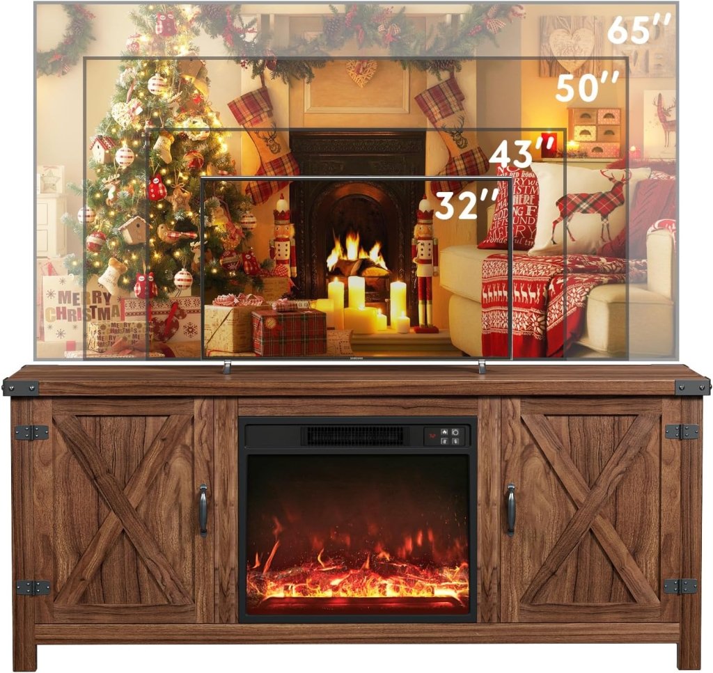 YESHOMY Fireplace TV Stand with Two Barn Doors and Storage Cabinets for Televisions up to 65+ Inch, Entertainment Center Console Table, Media Furniture for Living Room, 58 Inch - Wigtrends