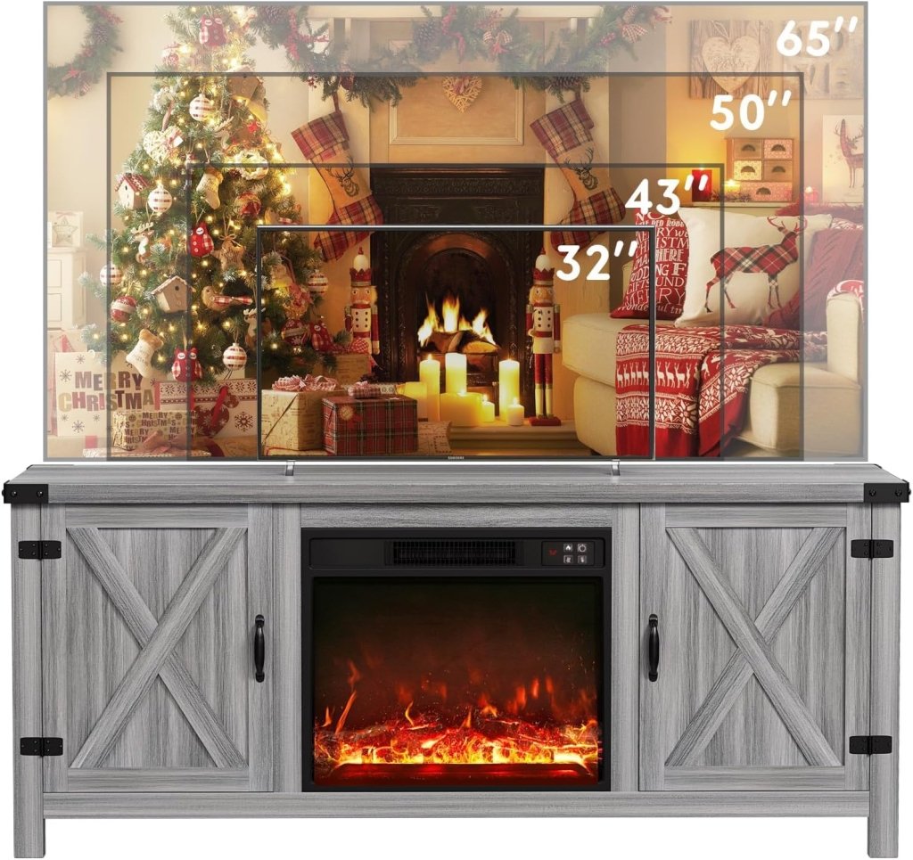 YESHOMY Fireplace TV Stand with Two Barn Doors and Storage Cabinets for Televisions up to 65+ Inch, Entertainment Center Console Table, Media Furniture for Living Room, 58 Inch - Wigtrends